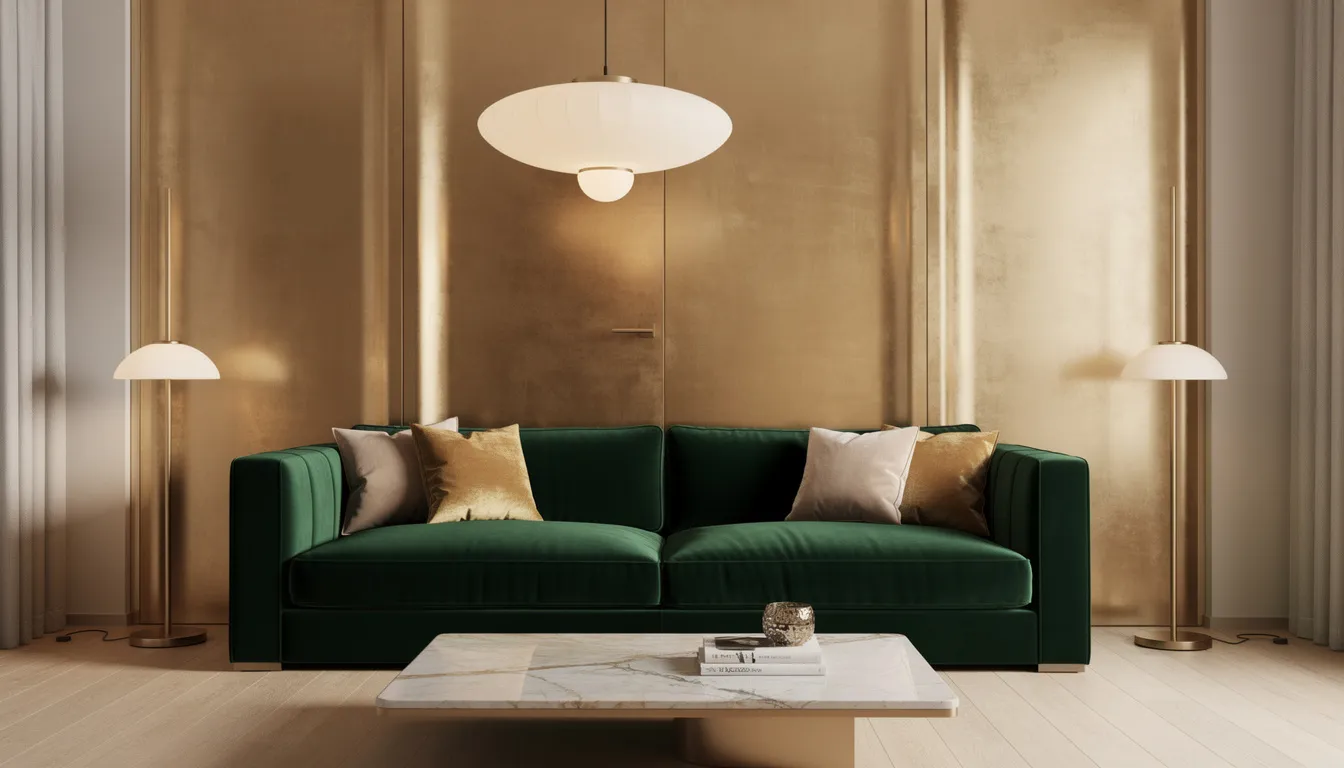 Een luxe woonkamer met gouden wandpanelen achter een elegante velvet bank, verlicht door moderne designverlichting die een chique sfeer creëert. De wandpanelen, met een hoogwaardige afwerking, dragen bij aan de luxe uitstraling van het interieur.