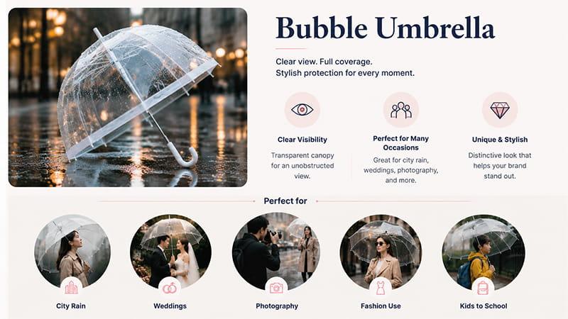 Bubble umbrella with clear canopy for city rain, weddings, photography, and fashion use