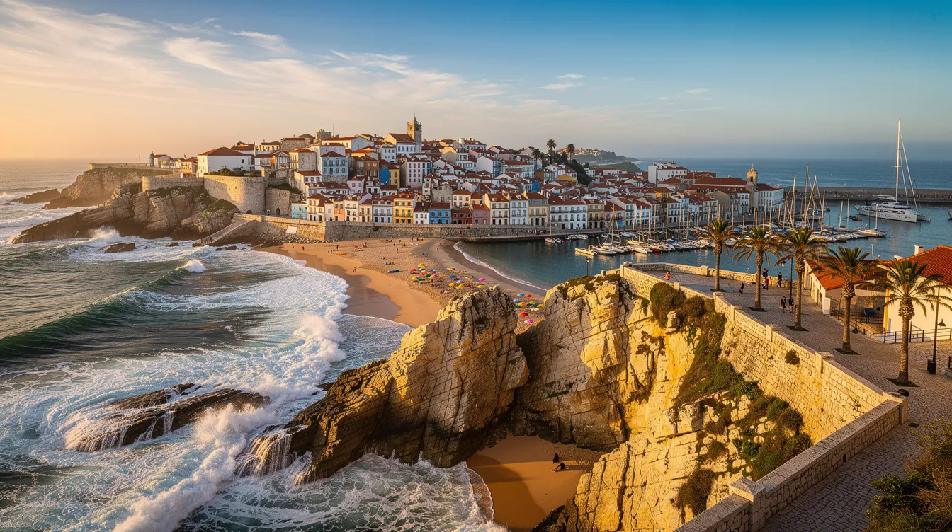 A imagem mostra a encantadora vila de Cascais, em Portugal, com suas ruas de paralelepípedos, casas coloridas e o mar azul ao fundo. É um destino popular para turismo, oferecendo uma rica história e várias opções de serviços e atividades para toda a família.