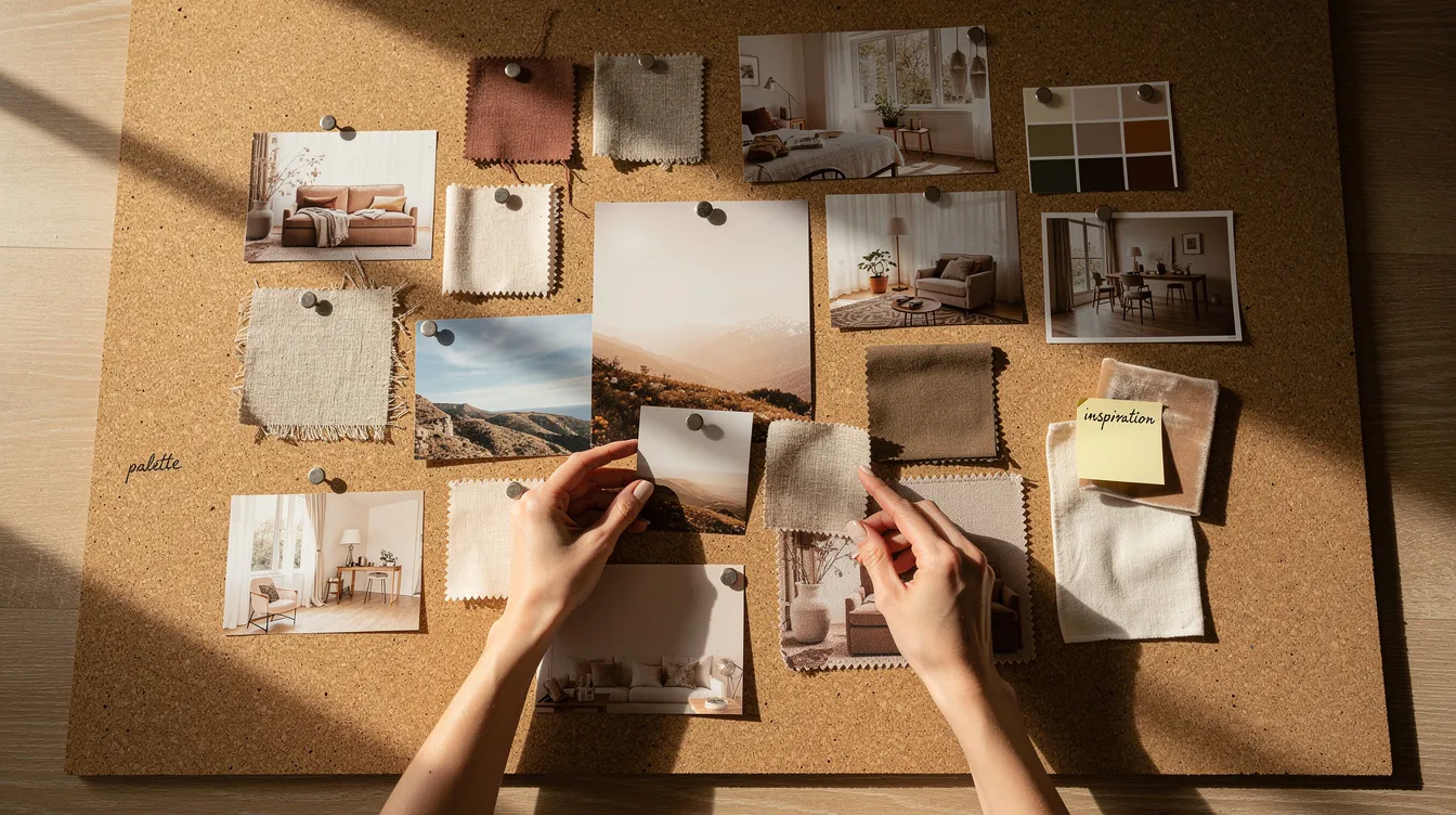 A pair of hands is carefully arranging printed photographs and colorful fabric swatches on a cork board, creating a visual mood board that serves as inspiration for personal style and fashion expression. This tactile process helps individuals discover patterns, textures, and colors that suit their body shape and figure, aiding in the journey to find their personal style.