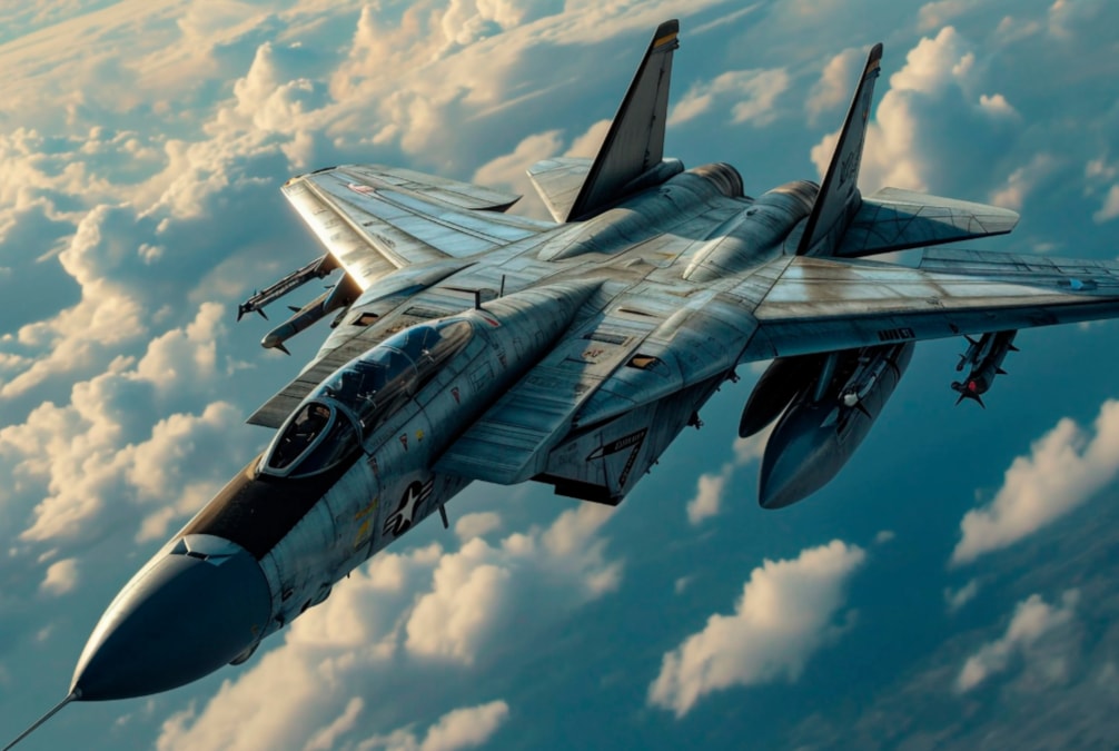 An illustration of the F-14 Tomcat in a carrier operation scenario.