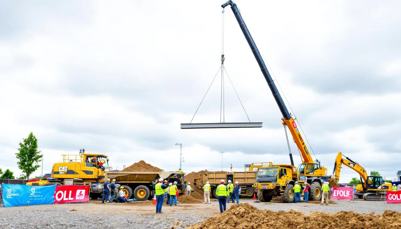 A bustling construction site features various types of heavy equipment, including cranes and excavators, actively engaged in building operations. The scene highlights the importance of construction equipment financing, showcasing the latest technology and machinery essential for efficient business operations.