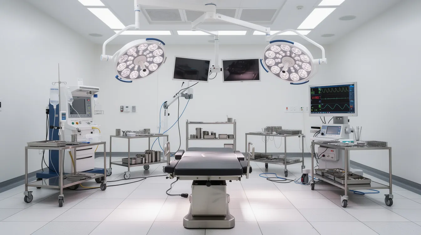The image depicts a hospital operating room, equipped with various surgical instruments and bright overhead lights, highlighting the sterile environment where medical professionals perform procedures. This setting emphasizes the importance of adhering to accepted medical practices to prevent medical negligence and ensure patient safety during medical treatment.