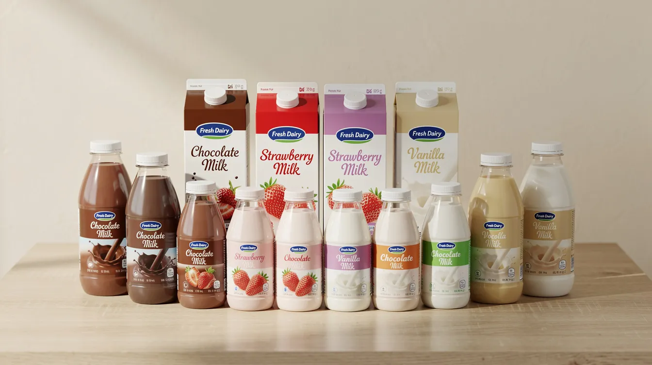 The image features an array of dairy beverage products, including various flavored milk bottles and cartons artistically arranged on a table, representing the diversity in value-added dairy products. This display highlights the importance of quality control and market demand in the dairy processing sector, essential for dairy entrepreneurs and farmers aiming to enhance their offerings.