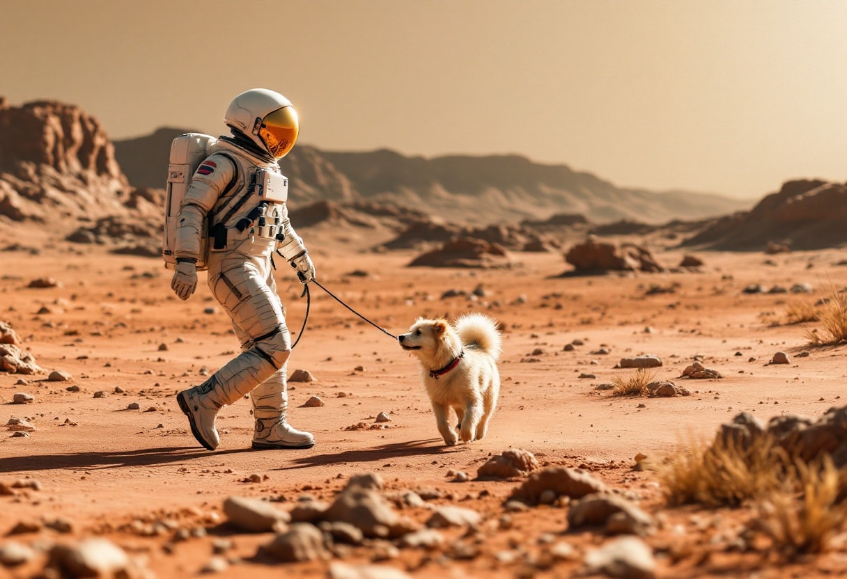 An astronaut walking a dog on Mars.