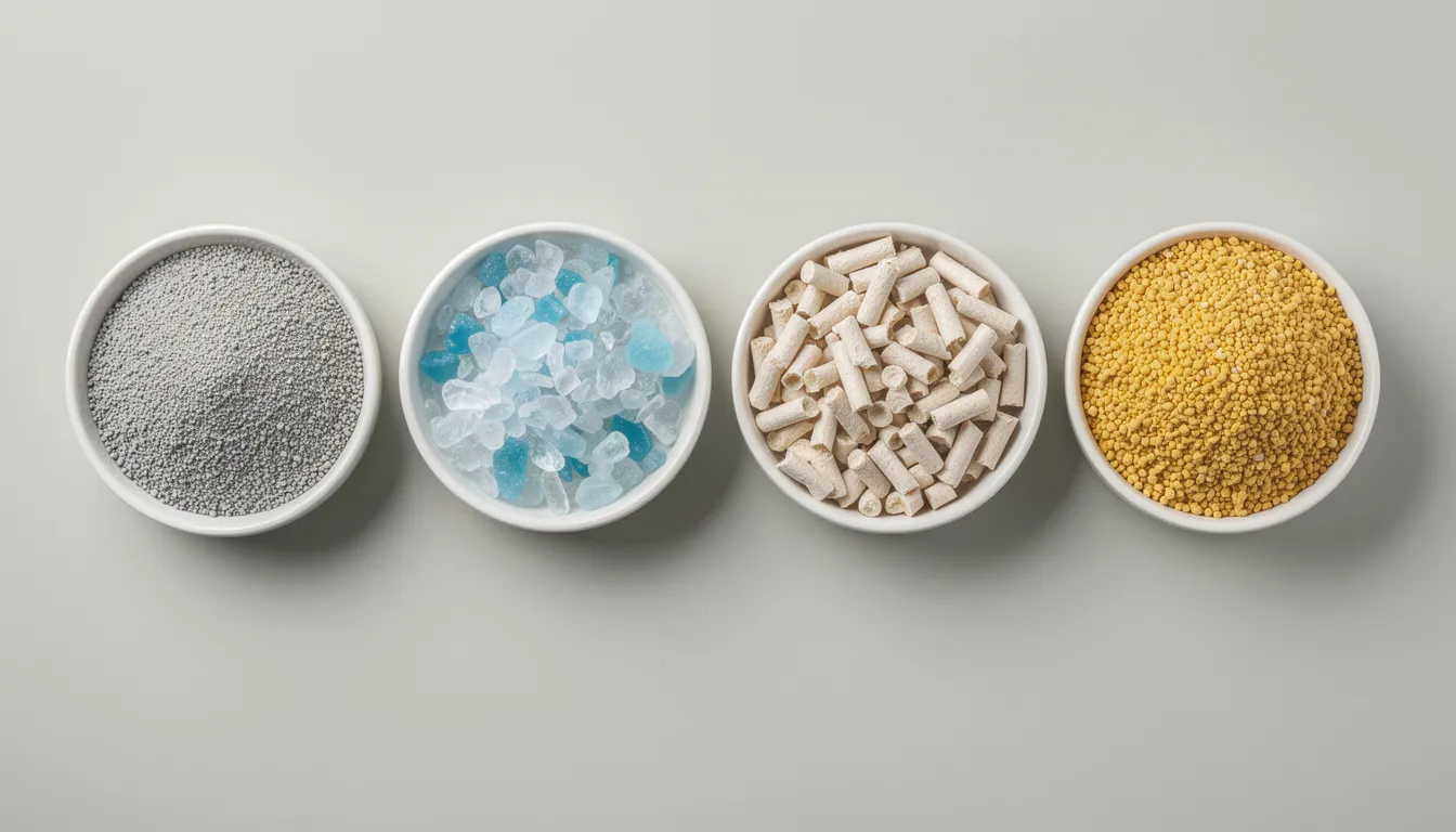 The image displays various types of cat litter in bowls, showcasing different textures and colors such as clay, crystals, paper pellets, and corn-based granules. Each type highlights options for pet owners, emphasizing aspects like clumping litter, low dust, and natural ingredients that can help maintain a clean litter box and support cat's health.