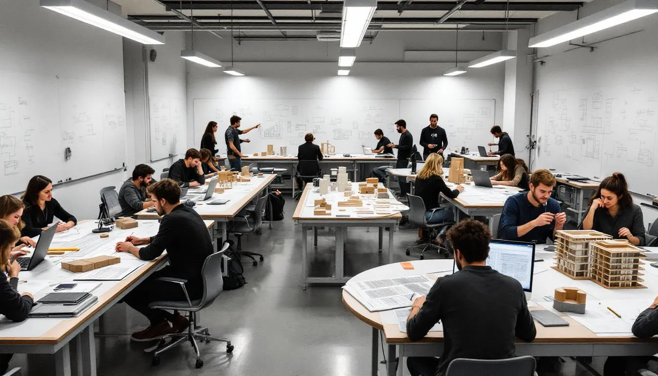 A group of architecture students collaborates in a design studio filled with drafting tables and computers, showcasing their skills and creativity as they work on projects for their accredited architecture program. This environment reflects their pursuit of various college degrees, including bachelor's and master's degrees, as they prepare for potential career opportunities in the field of architecture.