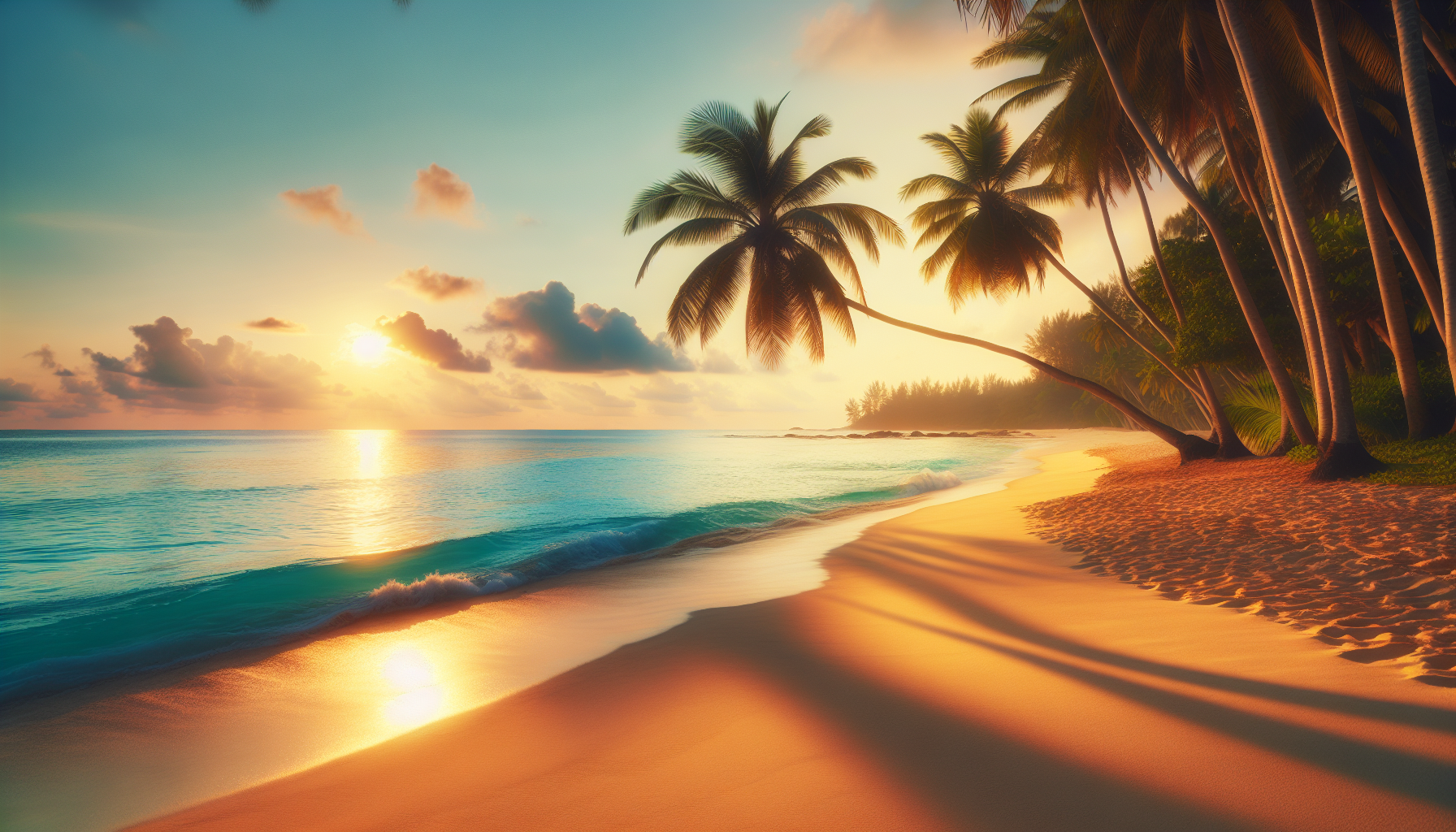 Sandy beach with palm trees and ocean waves