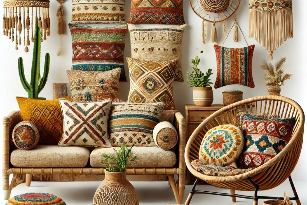 Illustration of essential boho furniture pieces including rattan and pillows.