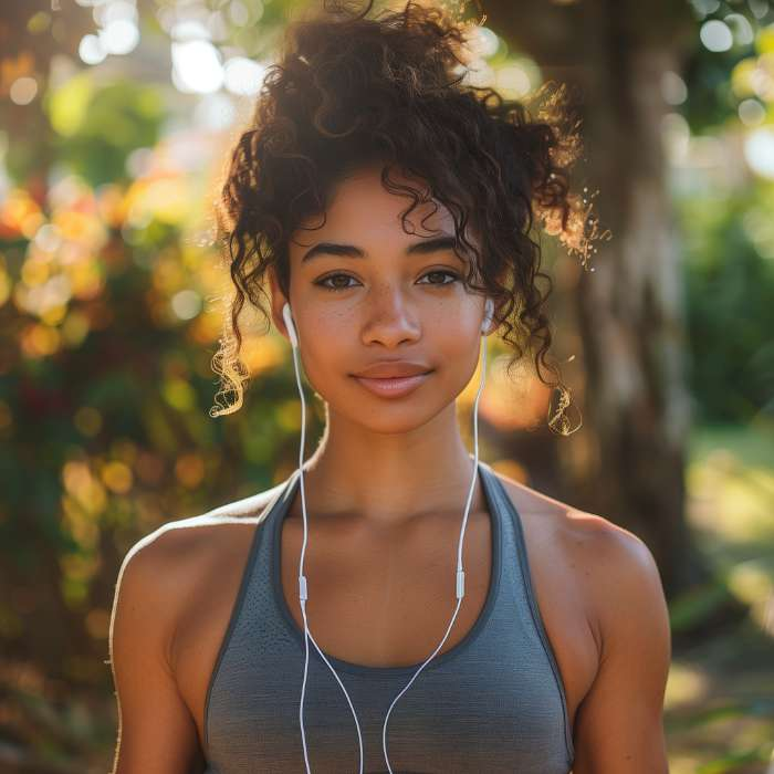 A young woman with a serene expression enjoying a moment of tranquillity with earphones, representing a balanced lifestyle in harmony with The Good Stuff Health Shop's adaptogen offerings.