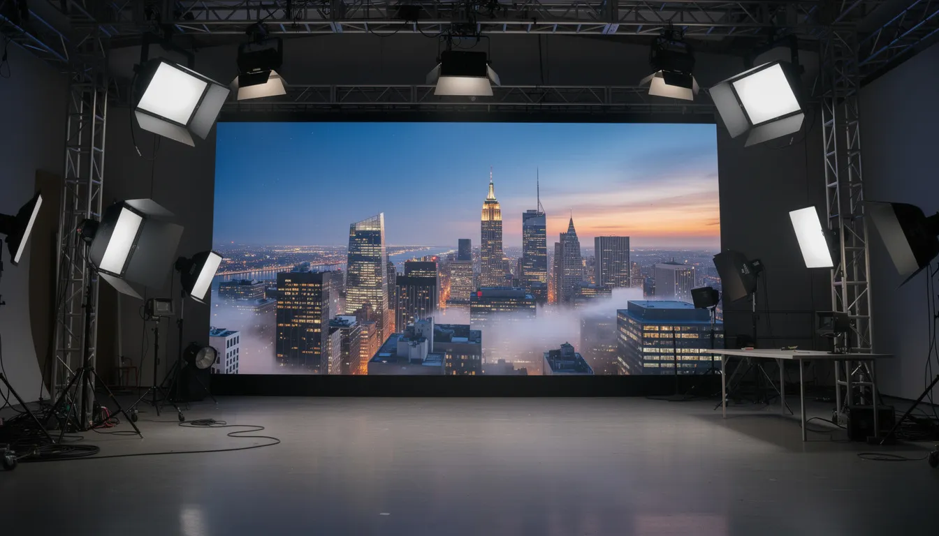 The image features a large LED video wall in a production studio, showcasing a realistic city skyline, while production lighting rigs are visible overhead, enhancing the visual atmosphere. This setup exemplifies the integration of technology and design in studio production environments.