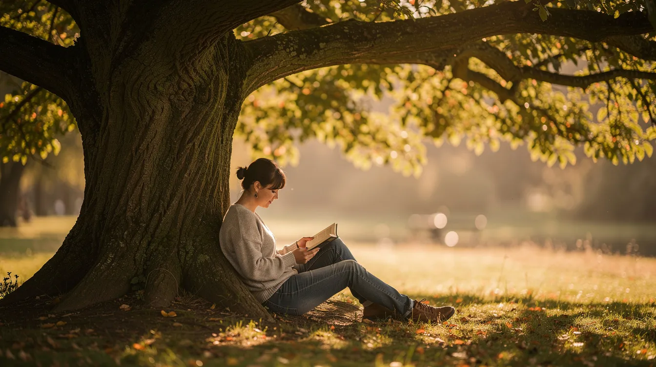 A person is sitting peacefully under a large tree, immersed in a book, bathed in warm natural light that filters through the leaves. This serene scene highlights the importance of quiet reflection and the cultural values associated with reading and learning in various cultural contexts.