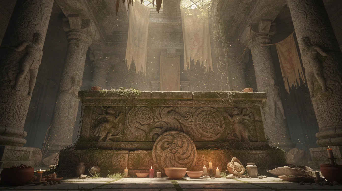 The image depicts a stone altar adorned with intricate carvings, set within an ancient temple that reflects the architectural style of ancient Greece. This altar serves as a focal point for rituals associated with Hellenic polytheism, where the worship of Greek gods and ancient religious practices took place in the context of Greek culture and society.