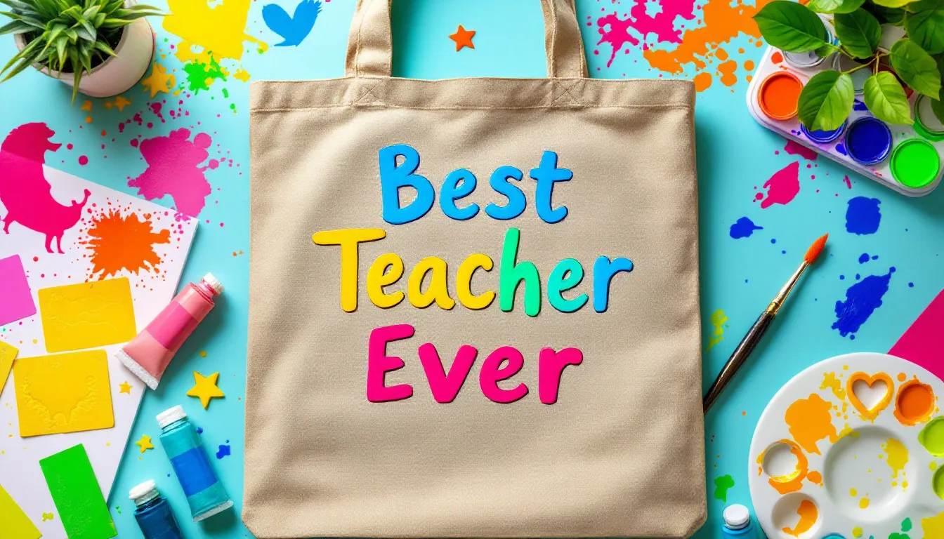 A flat lay image showcases a colorful canvas tote bag featuring the phrase “Best Teacher Ever” painted in vibrant fabric paint, surrounded by various paint supplies and stencils, making it a perfect DIY teacher gift idea for teacher appreciation week. This unique gift is an expression of gratitude for a child's teacher, combining creativity and personal touch.