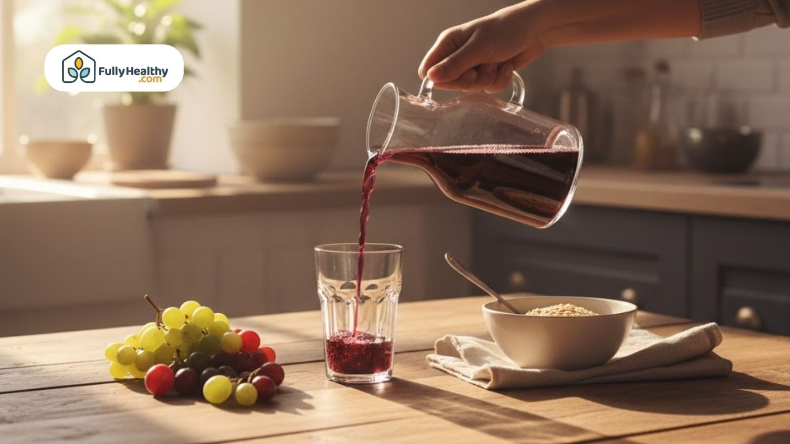 Pouring purple grape juice into a glass on a kitchen table with fresh grapes.