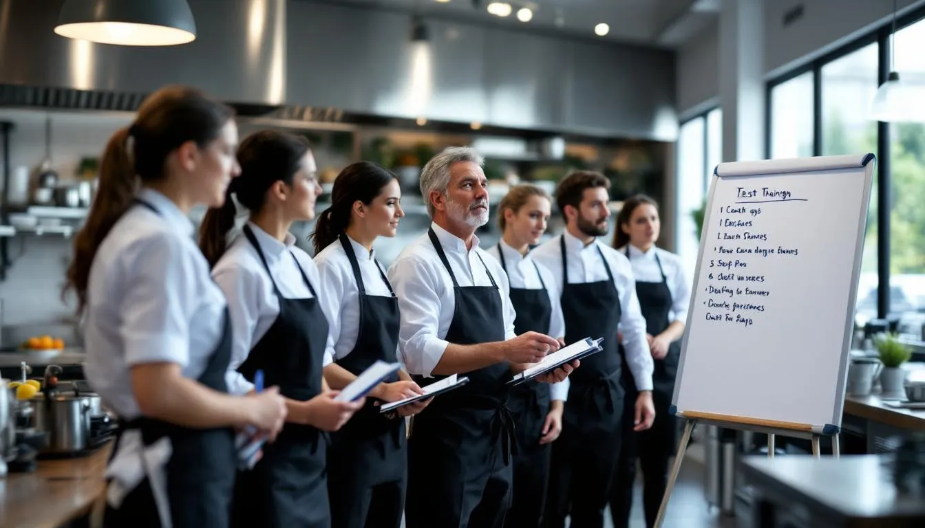 In the image, a restaurant manager is actively leading a training session with new restaurant employees, focusing on customer service training and food safety procedures. The group is engaged in hands-on training, discussing the restaurant's operations and preparing for their roles in providing excellent customer service.