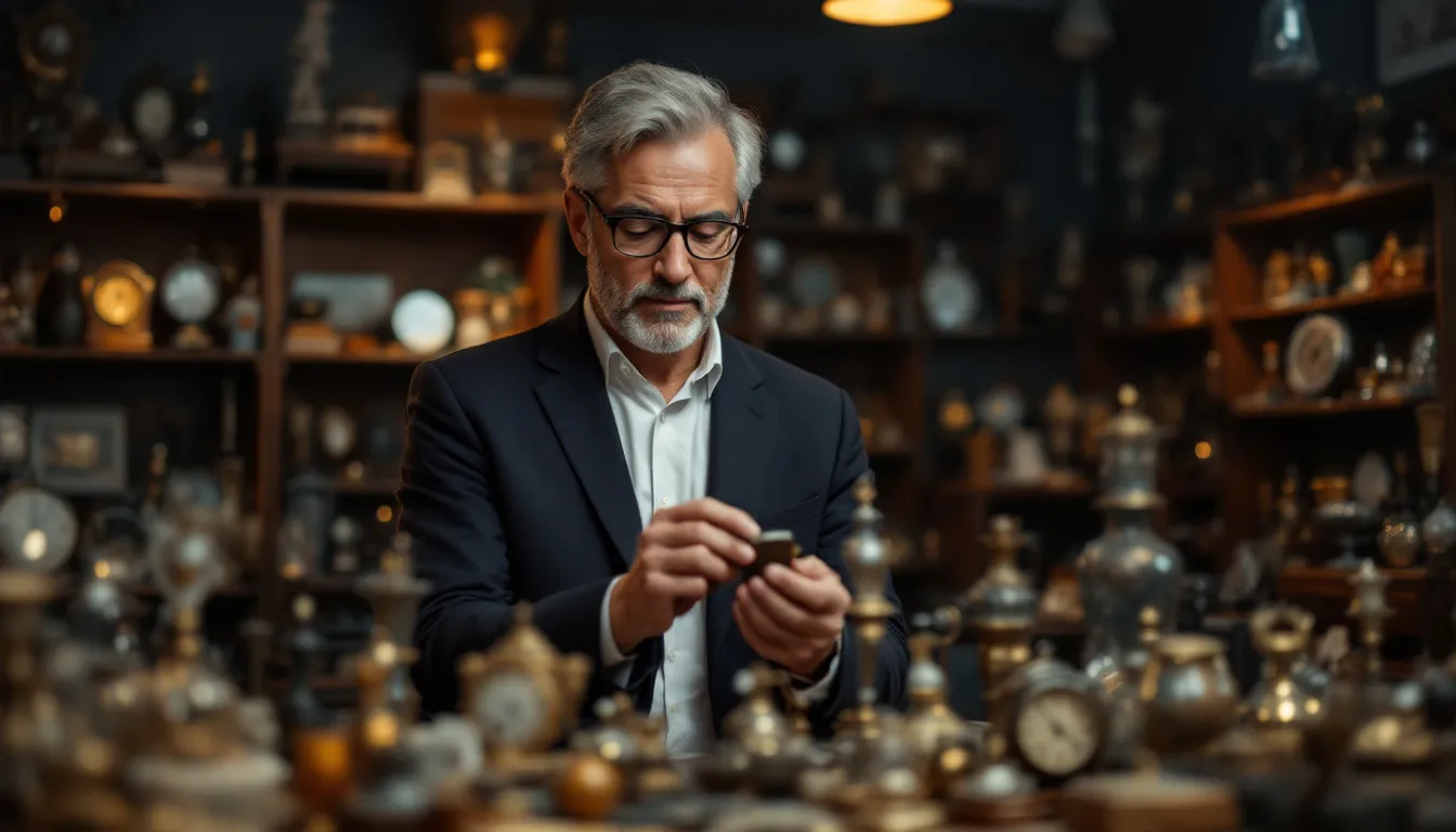 Właściciel antyków z uwagą przegląda swoją kolekcję unikalnych przedmiotów przed sprzedażą, zastanawiając się nad ich wartością i potencjalnymi nowymi właścicielami. W tle widoczne są różnorodne stare meble oraz obrazy, które mogą być przedmiotem wyceny w skupie staroci.
