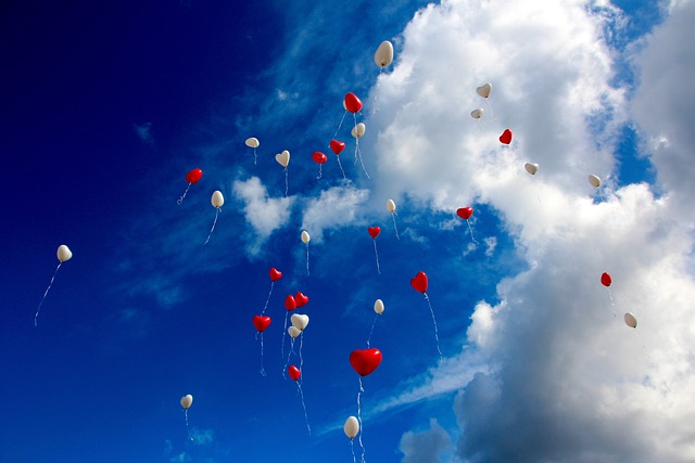 balloons, heart, sky