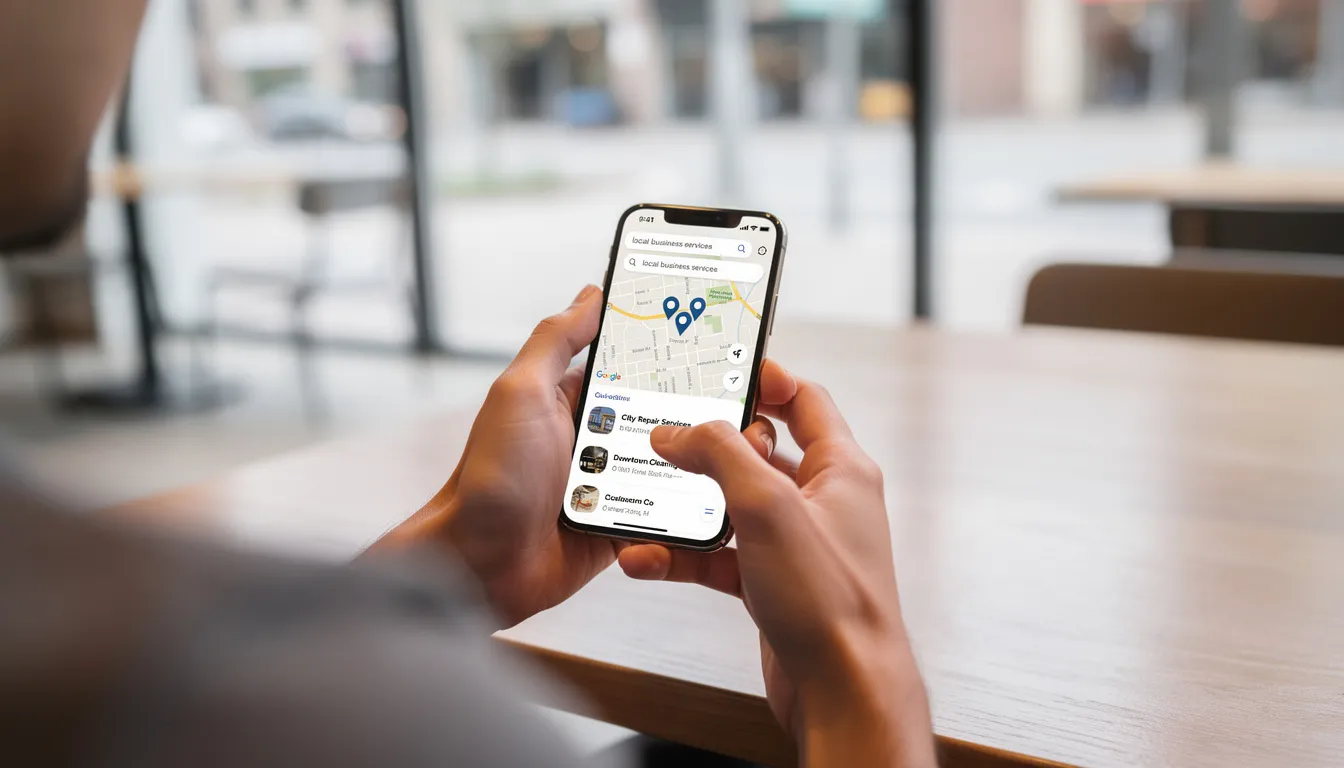 A person is using a smartphone to search for local business services, highlighting the role of digital marketing in guiding potential customers through their decision-making process. This action reflects the importance of a user-friendly website in the sales funnel strategy to increase conversions and generate leads.