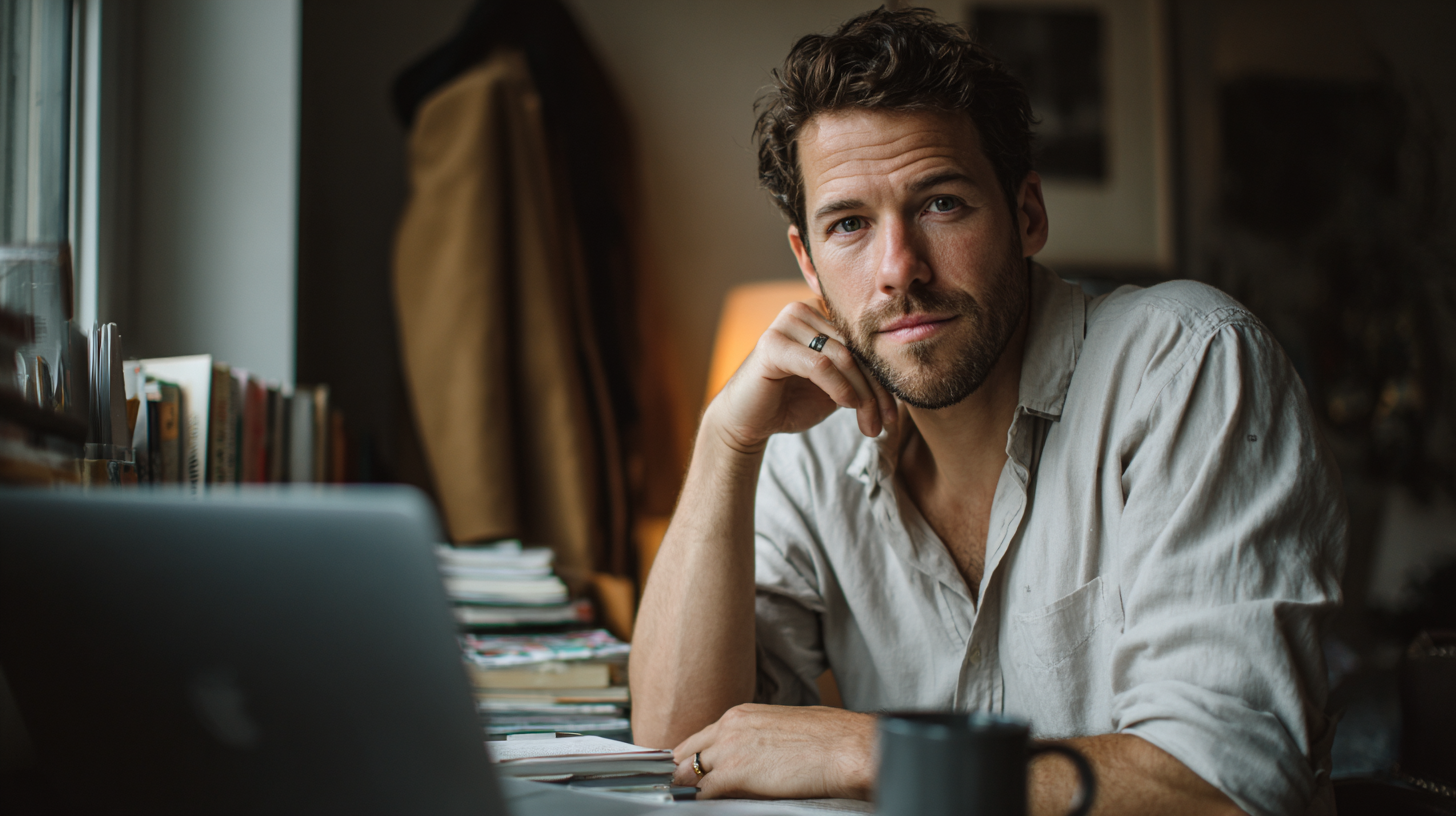 High-functioning man joining an online men's therapy group from his Manhattan home office at New York Therapy