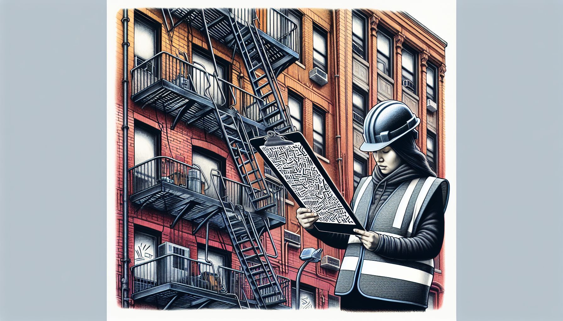 Illustration of a fire escape inspection