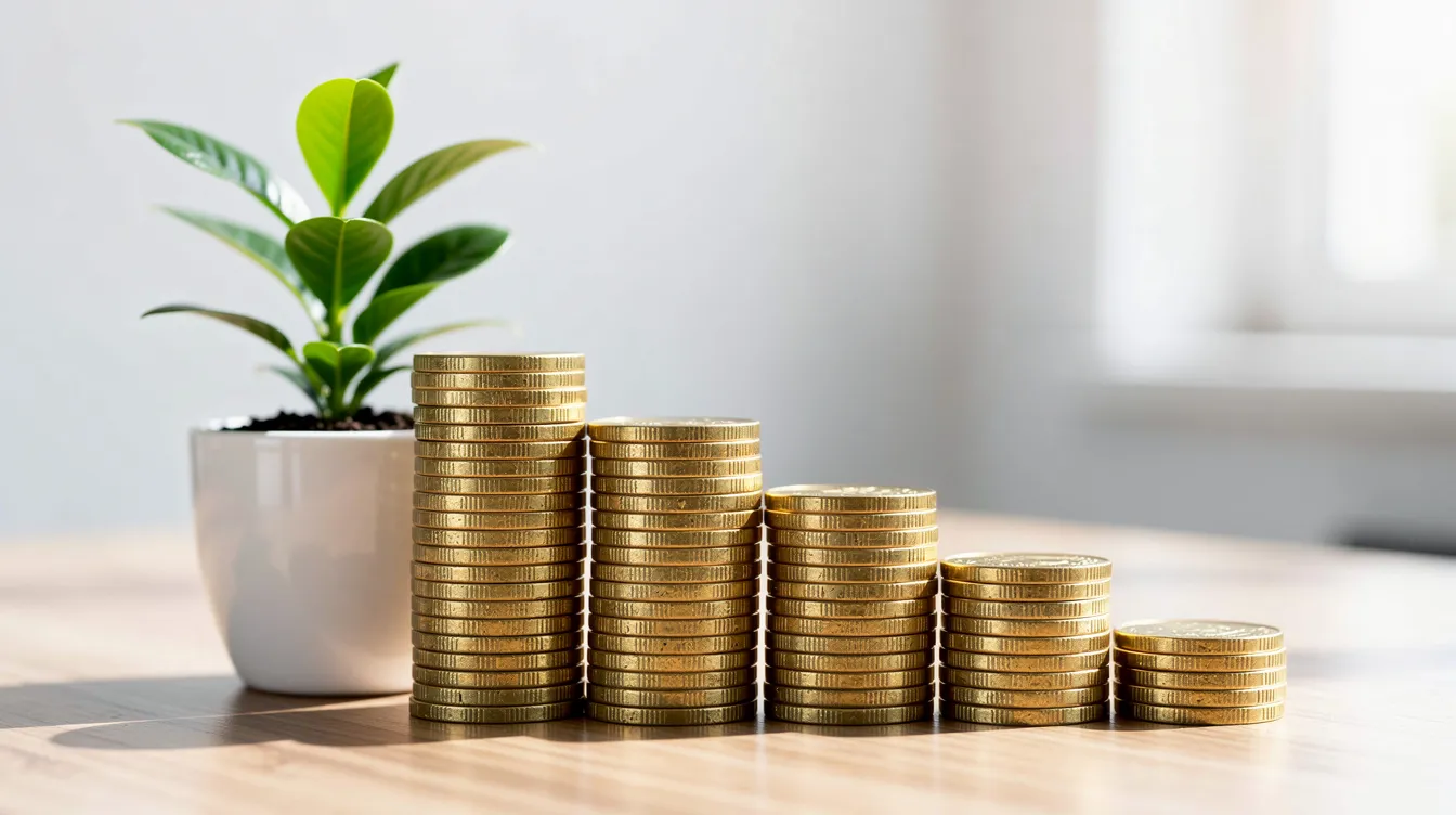 The image features stacks of coins arranged in ascending order beside a small green plant growing in a pot, symbolizing financial growth and stability. This visual representation can relate to concepts like managing cash flow, building a stronger financial foundation, and the importance of a business line of credit for startups.