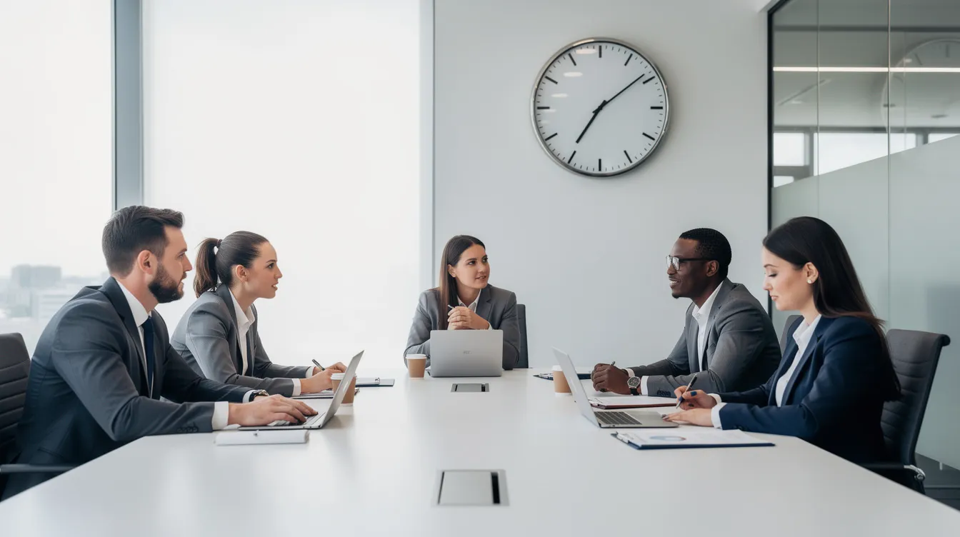 A professional team is engaged in a focused meeting in a conference room, with a visible clock indicating the time, emphasizing the importance of time management techniques like timeboxing. The team discusses project management tasks and maintains discipline to complete individual tasks within strict time limits, enhancing their productivity and focus.