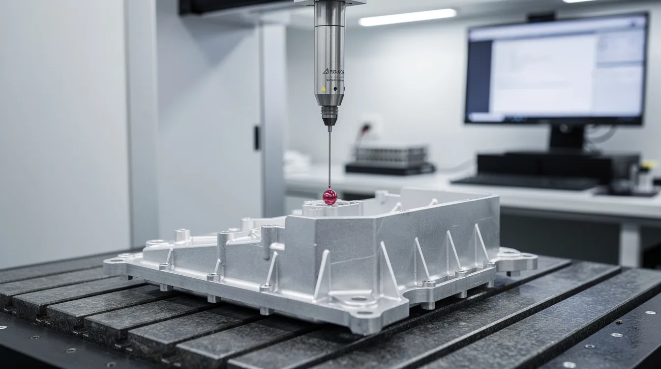 The image shows a coordinate measuring machine probe gently touching a precision aluminum die cast part during the inspection process, highlighting the importance of high precision in the die casting industry. This inspection ensures that the aluminum die casting meets tight tolerances and quality standards essential for various applications.