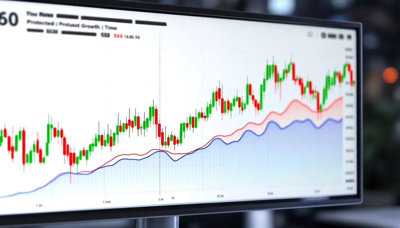The image illustrates a financial chart featuring volatile market movements, with sharp peaks and troughs, contrasted by a steady growth line representing the protected growth of fixed indexed annuities. This steady line signifies the potential for guaranteed income and principal protection, highlighting the benefits of fixed indexed annuities during market downturns.