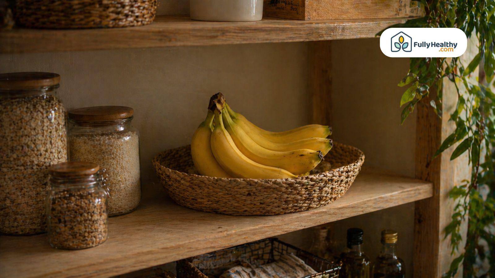 Bananas in basket on pantry shelf surrounded by jars and grains