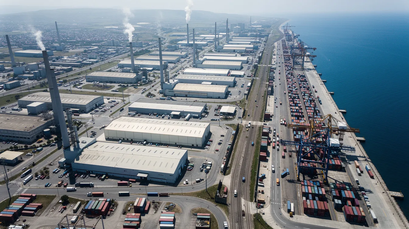 The image shows an aerial view of a dense industrial manufacturing zone located near a coastline, with numerous shipping containers scattered throughout the area. This bustling environment likely includes various CNC machines and advanced manufacturing technologies, highlighting the significant role of CNC machining companies in modern production.