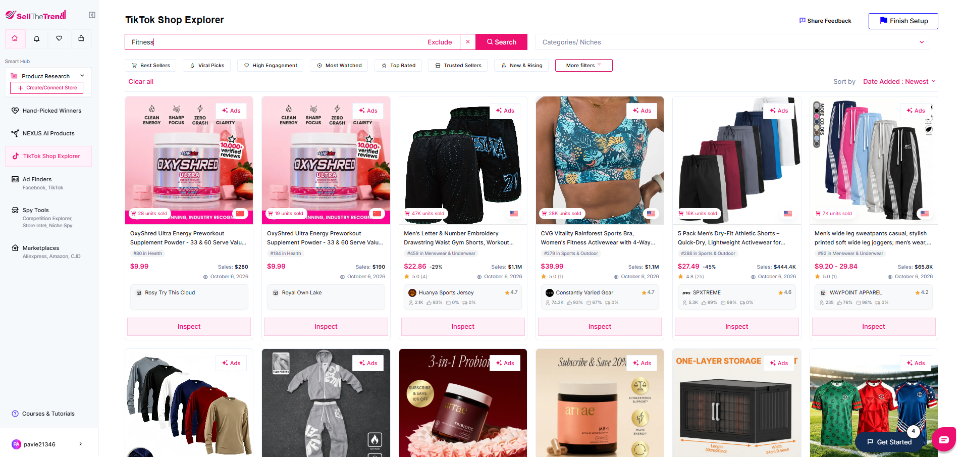 Fitness products on Sell The Trend screenshot.