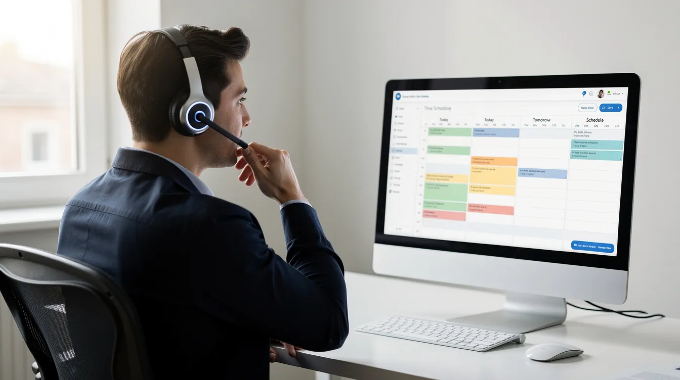 The image shows a person wearing a phone headset, engaged in a conversation while seated at a desk with a computer displaying a scheduling interface. This scene reflects the mass tort intake process, where intake specialists manage client communication and assist potential claimants in navigating legal services related to mass tort cases.