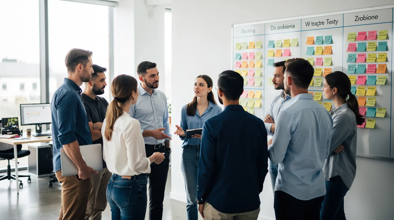 Na obrazie widoczny jest zespół agile podczas spotkania stand-up, z członkami zespołu projektowego omawiającymi postępy zadań. W tle znajduje się tablica Kanban, która ilustruje etapy planowania projektu oraz realizację projektów w ramach zwinnego zarządzania.