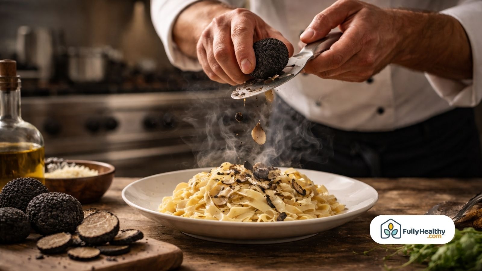 Chef shaving fresh black truffle over creamy pasta