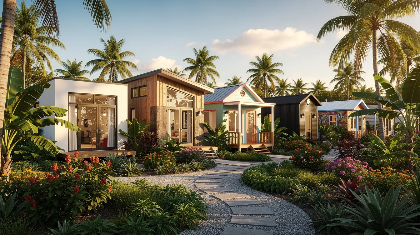 A picturesque row of tiny homes, each showcasing unique architectural styles, is nestled within lush tropical landscaping, highlighting the charm of a gracious tiny house community in Florida. The scene captures the essence of tiny living, surrounded by vibrant greenery and inviting outdoor spaces, perfect for residents seeking a simple life in a close-knit environment.