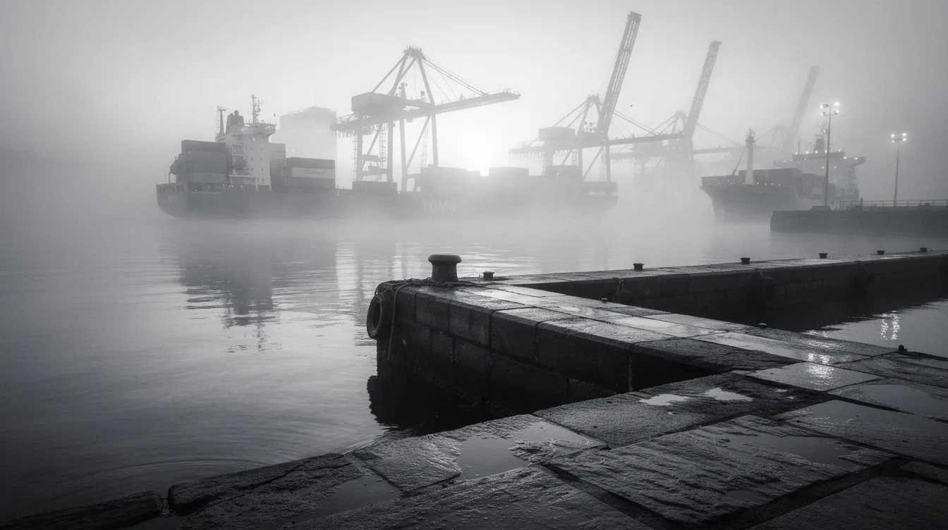 Ein nebliger Hafen im Schwarz-Weiß-Stil zeigt Kränen und Frachtschiffen, während im Vordergrund die nassen Kaimauern glänzen. Diese Szenerie erinnert an das Drama "On the Waterfront", in dem die harten Arbeitsbedingungen der Hafenarbeiter thematisiert werden.
