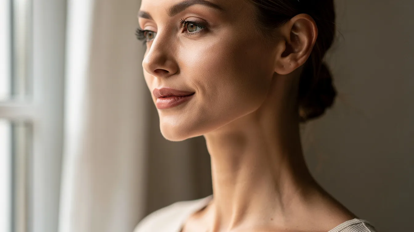 A woman with a smooth, defined jawline and neck profile is illuminated by natural lighting, showcasing the impressive results of a minimally invasive endolift laser procedure. Her skin appears tight and youthful, highlighting the treatment's key benefits in tightening skin and stimulating collagen production without the need for traditional surgery.