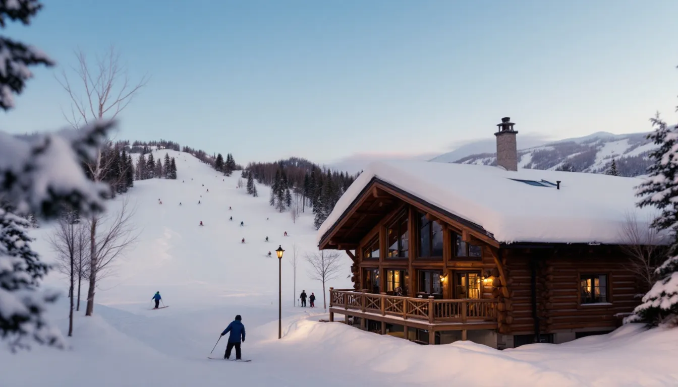 A picturesque snow-covered mountain lodge features charming wooden architecture, surrounded by ski slopes that invite winter sports enthusiasts. This beautiful resort in southern Utah offers cozy accommodations, making it a perfect place for guests to stay during their trip to Brian Head.