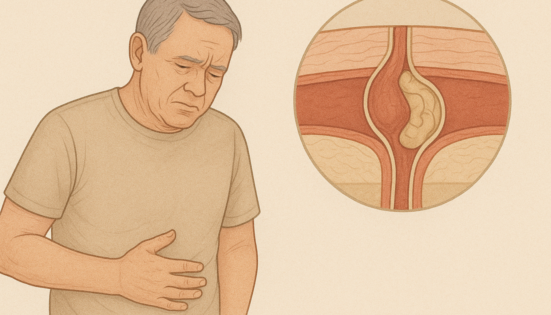 En eldre mann holder magen med bekymret uttrykk, ved siden av et snittdiagram som viser brokkens utposning gjennom bukveggen.