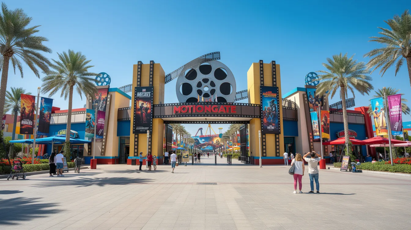 A imagem mostra a entrada do Motiongate Dubai, um parque temático localizado nos Emirados Árabes Unidos, que combina atrações inspiradas em filmes de Hollywood com a cultura local. O ambiente é vibrante, com elementos arquitetônicos modernos e uma atmosfera de diversão, refletindo a ambição e o desenvolvimento dos Emirados na região do Oriente Médio.