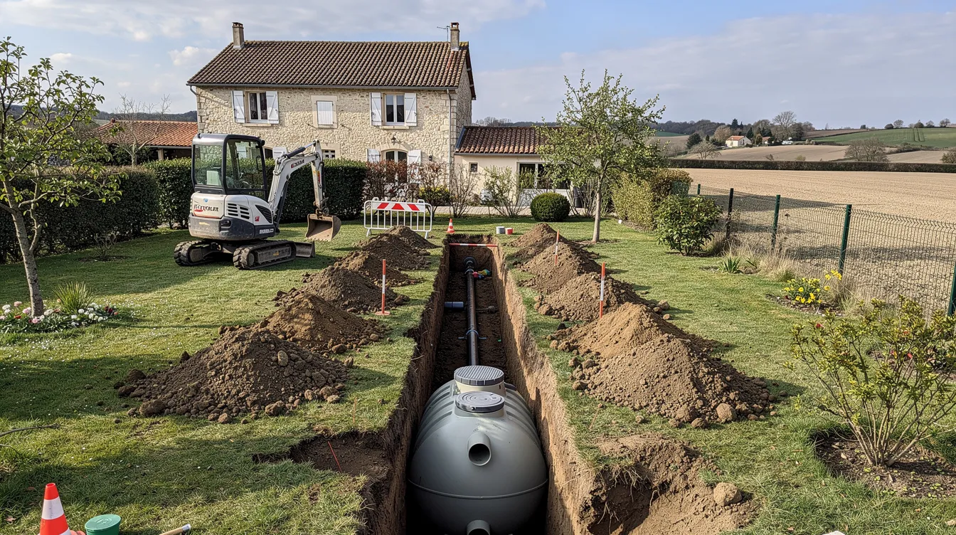 L'image montre un jardin résidentiel en zone rurale française, avec une tranchée ouverte où l'on procède à l'installation d'une cuve d'assainissement enterrée. Ce projet de travaux de rénovation est essentiel pour assurer la sécurité et le bon fonctionnement du système d'assainissement dans l'habitation.