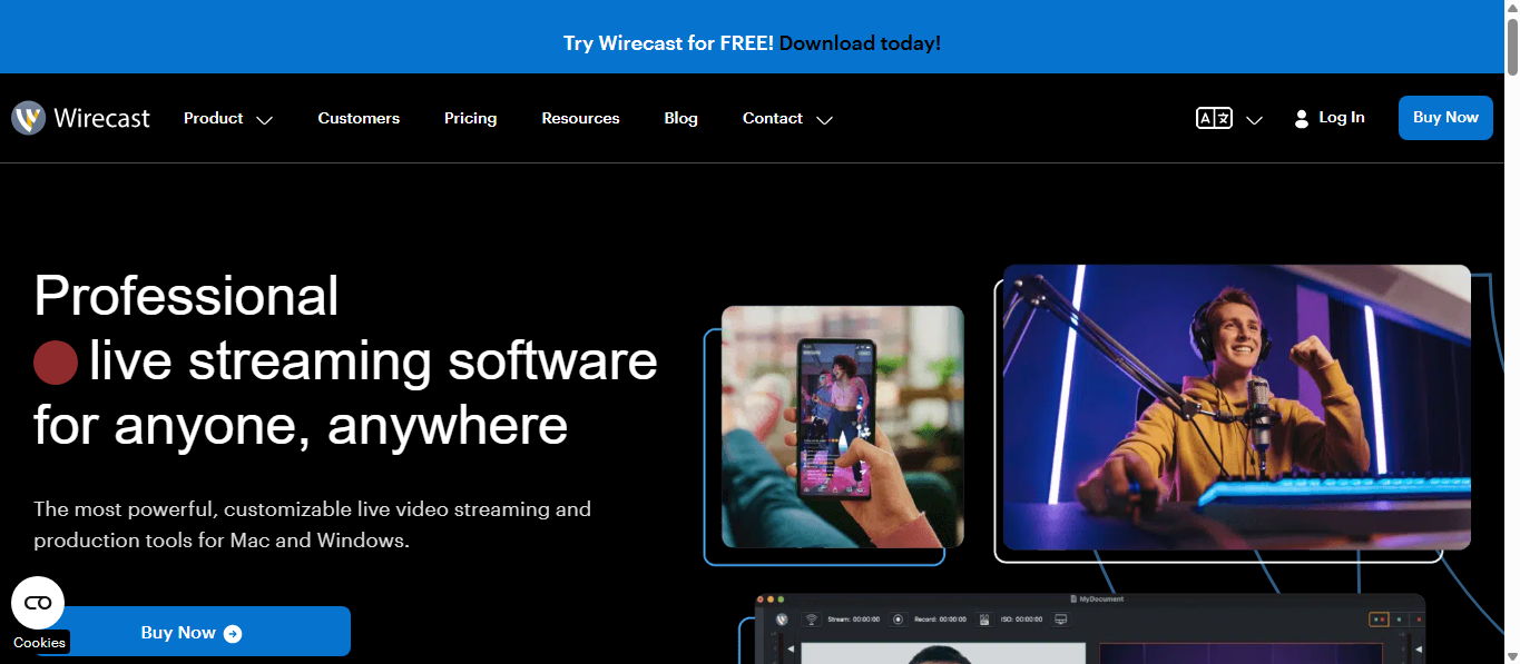 Wirecast homepage with “Professional live streaming software for anyone, anywhere” and product preview images.