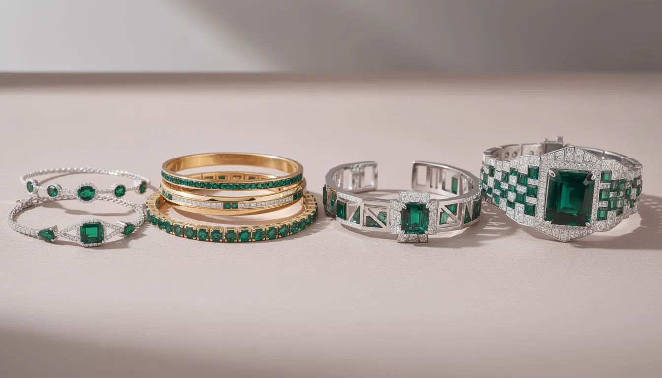 The image showcases a curated collection of popular emerald bracelet designs, featuring a range of styles from minimalist chain bracelets and thin bangles to elaborate cuffs and tennis bracelets, all crafted in various metals like rose gold, white gold, and silver. Each piece reflects elegance and thoughtful design, making it suitable for both everyday wear and special occasions.