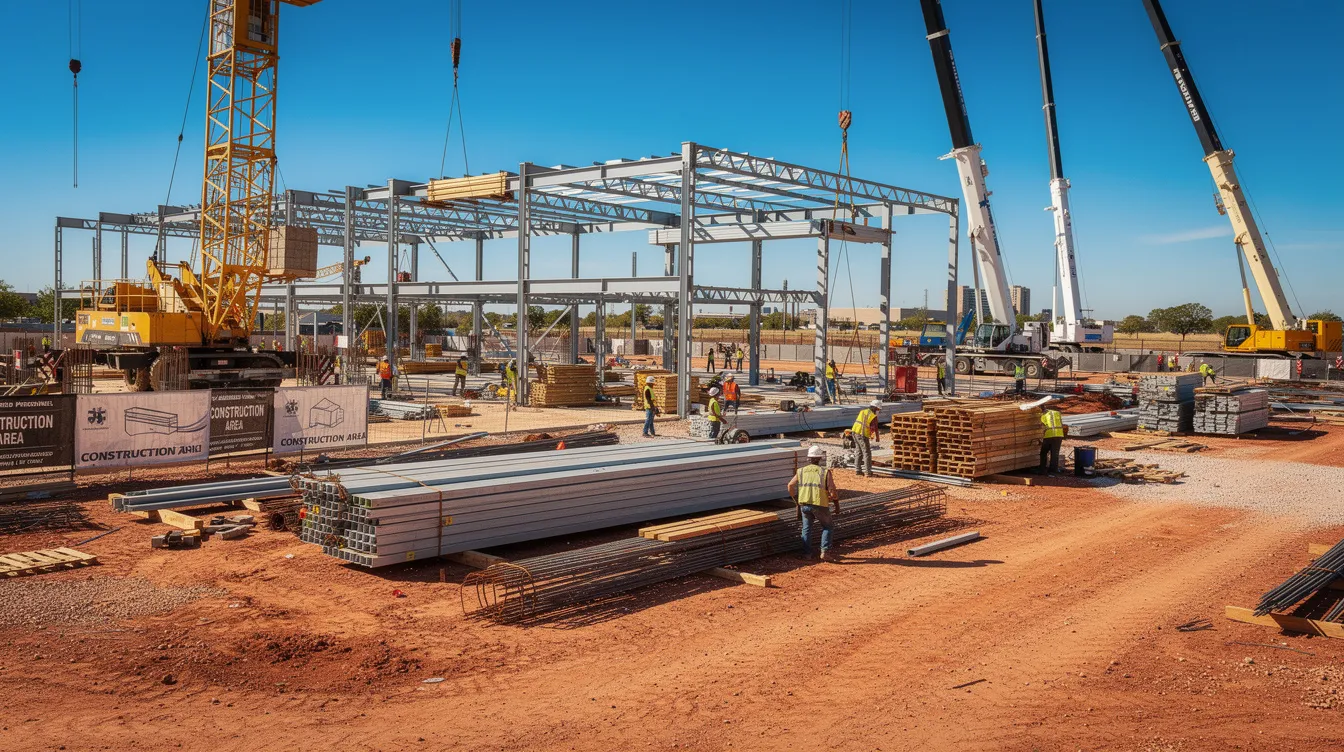 Wide view of an active commercial construction site with steel framing, cranes, and workers in hard hats.
