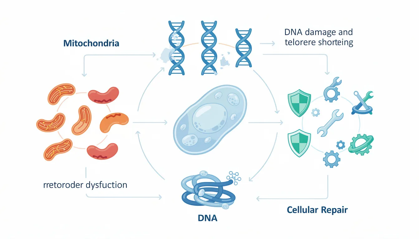 The image is a simplified diagram illustrating cellular aging pathways, featuring icons that represent mitochondria, DNA strands, and cellular repair mechanisms, highlighting concepts relevant to David Sinclair&rsquo;s longevity research and anti-aging regimen. This visual aids in understanding the biological processes involved in aging, such as DNA repair and mitochondrial health, which are central to Sinclair&rsquo;s work at Harvard Medical School.