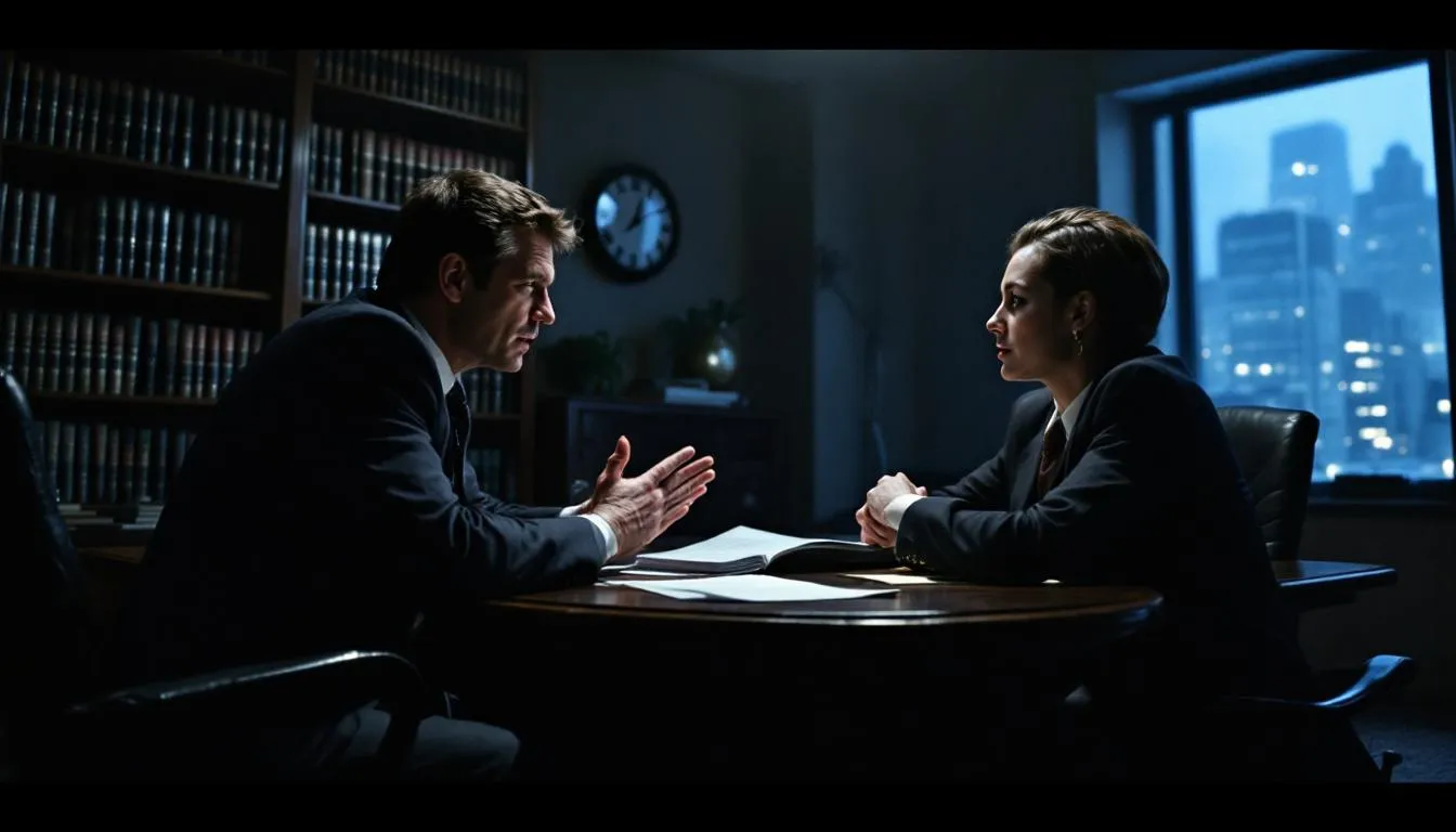 A professional attorney in a law office discussing legal strategies with a client.