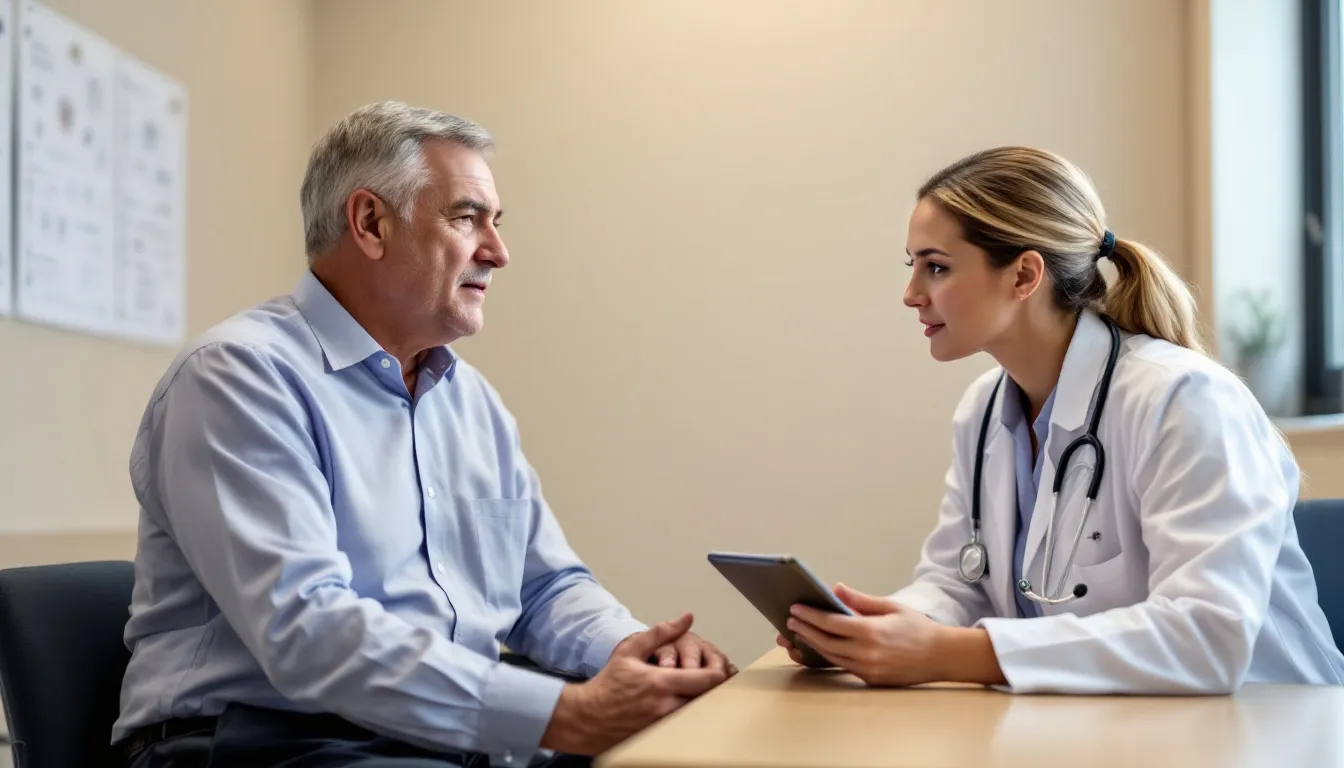 The image depicts a patient consulting with a healthcare professional in a medical office, discussing health concerns related to potential parasitic infections and the appropriate treatment plan. The doctor is likely addressing symptoms such as unexplained weight loss and abdominal pain, while considering dietary changes and parasite cleanse options for improved gut health.