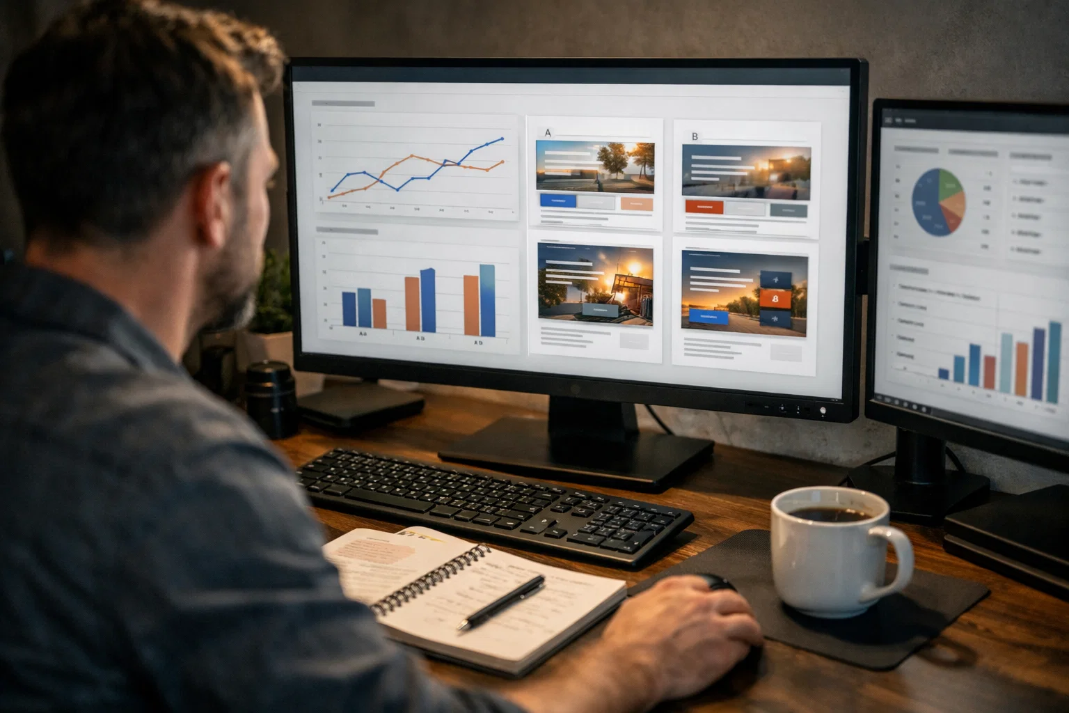 Digital marketer reviewing paid social ad performance and creative test results on desktop screens