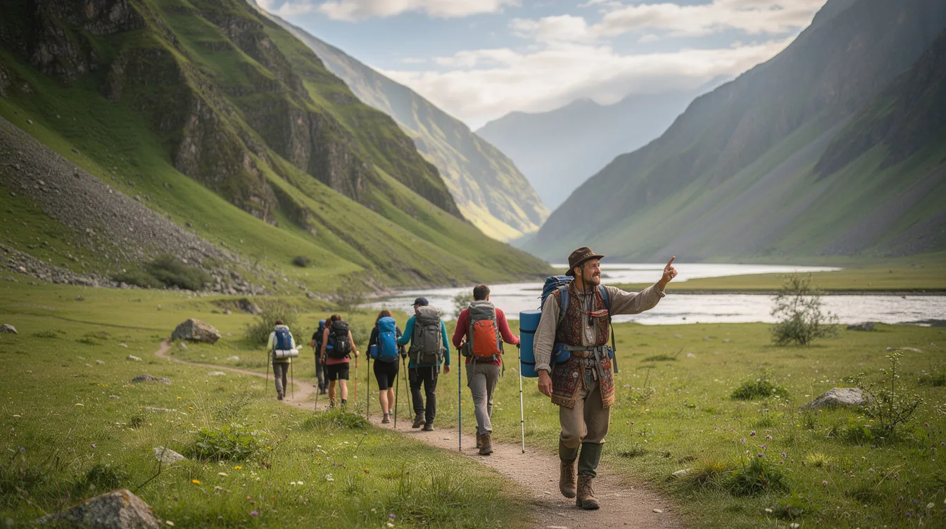 A group of travelers is walking through a lush green valley in the Atlas Mountains of Morocco, accompanied by a local guide. Towering mountain ranges frame the scene, showcasing the breathtaking landscapes and the remote Berber villages that dot the area.